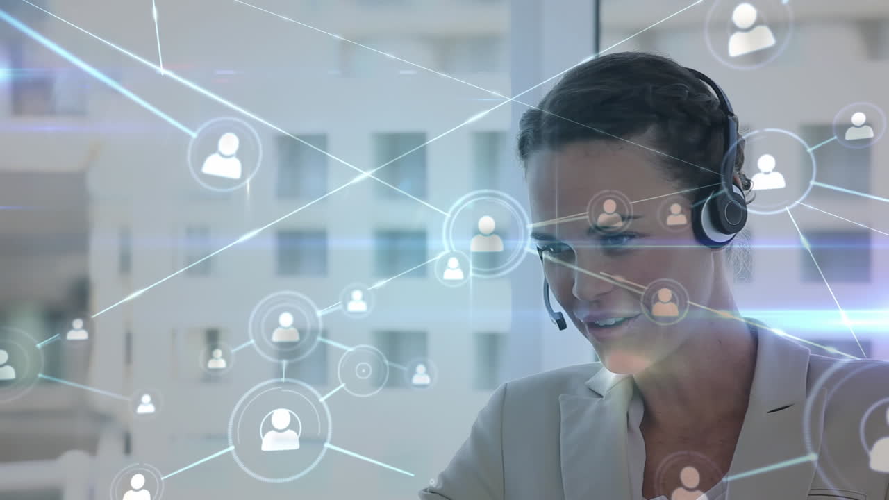 animación de una red de conexiones sobre una mujer de negocios caucásica con auriculares.