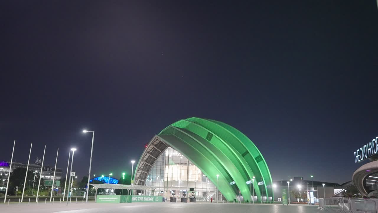 Illuminated SEC Armadillo, Scottish city evening scenery