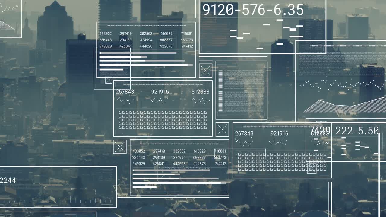 Animation of financial data processing over cityscape