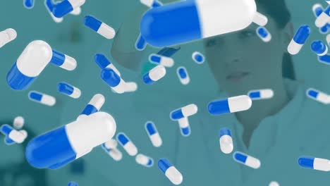 Animation-of-pills-falling-over-caucasian-female-lab-worker-with-sample
