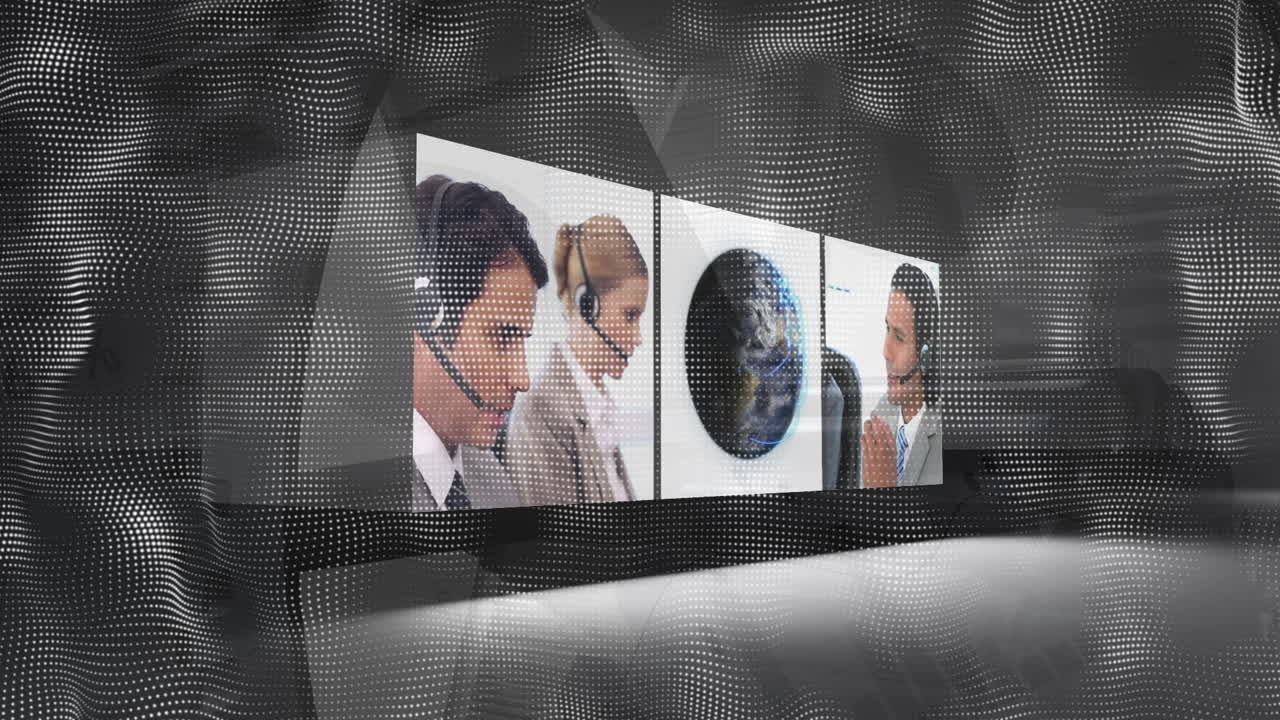 animación de ondas sobre personas de negocios usando auriculares de teléfono en las pantallas