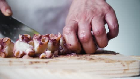 close up detail shot of a person holding the octopus and with the other hand cutting with a knife