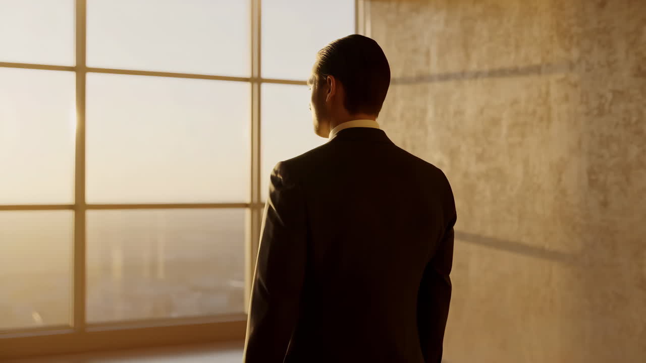 Man in suit looking out a large window at a city view during sunset