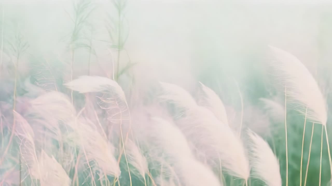 Swaying reed stalks rippling under breeze, camera gliding closer showing plumes in misty field