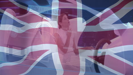 animación de la bandera de reino unido sobre mujer caucásica sentada en un coche moderno