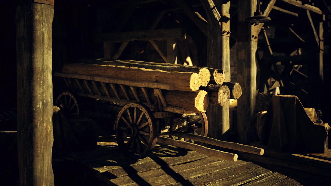 Scena di segheria industriale illuminata da lampade, con legname e giochi di luce e ombra.