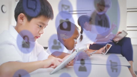 animation of kids using digital tablets over social media signs in the background