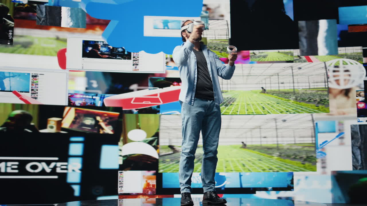 Modern cool man uses virtual reality glasses for a 3d web connection