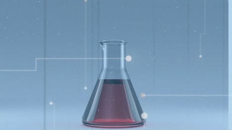 Animation of dots moving on lines over liquid filled conical flask against abstract background
