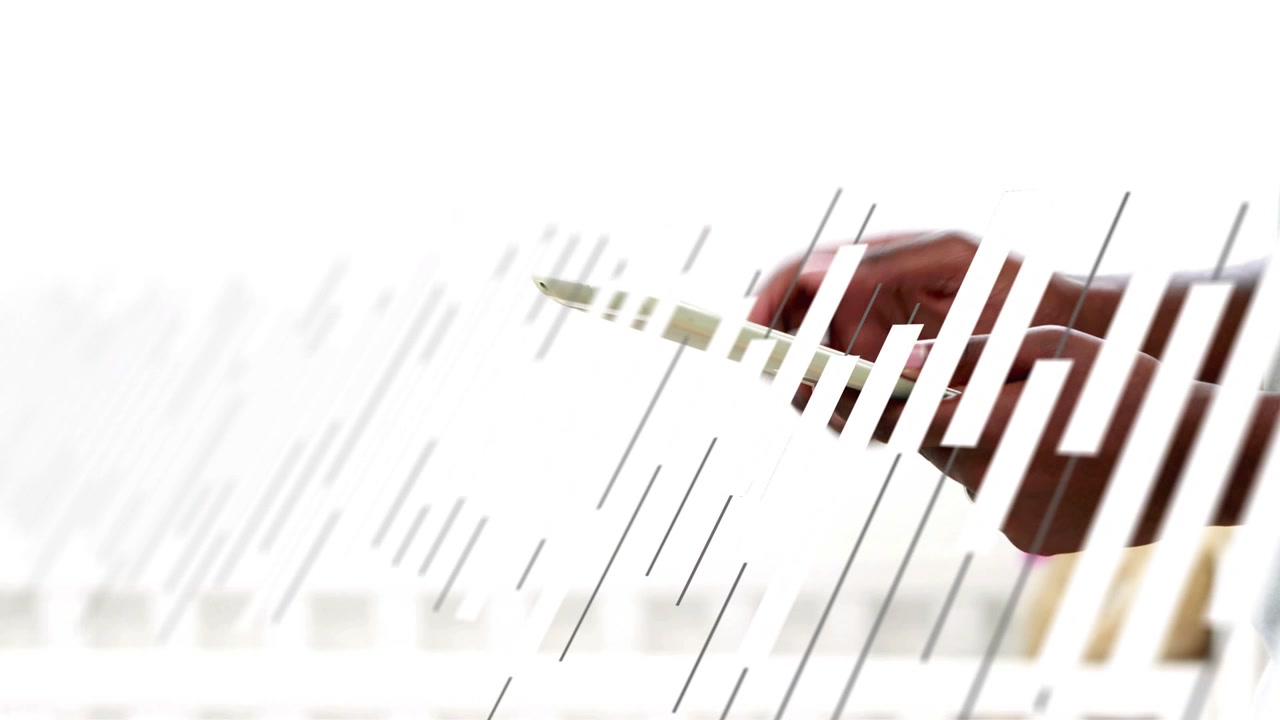 Diagonal bars shifting, revealing dark hands holding tablet, fingers tapping, swiping, browsing app