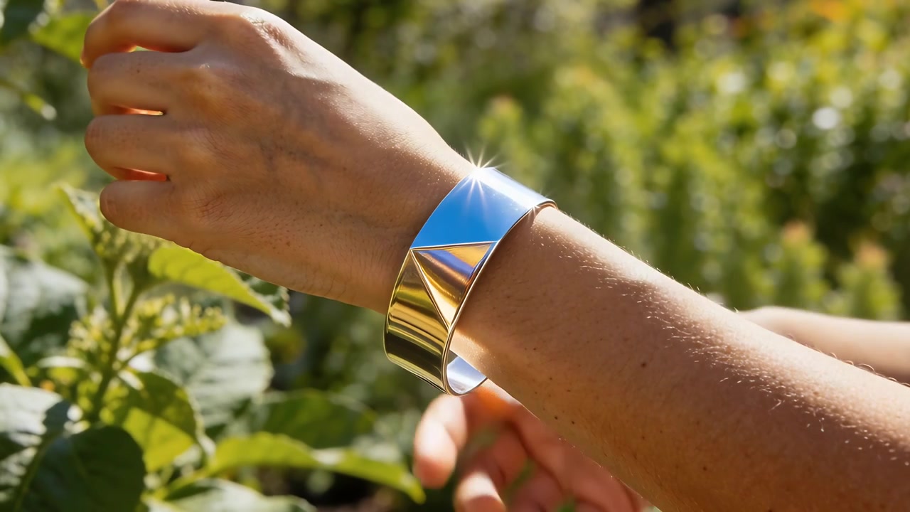 Reaching right hand sliding polished metal cuff onto bare forearm at garden, securing proper fit