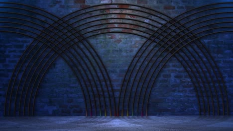 rainbow neon archway in dark brick wall