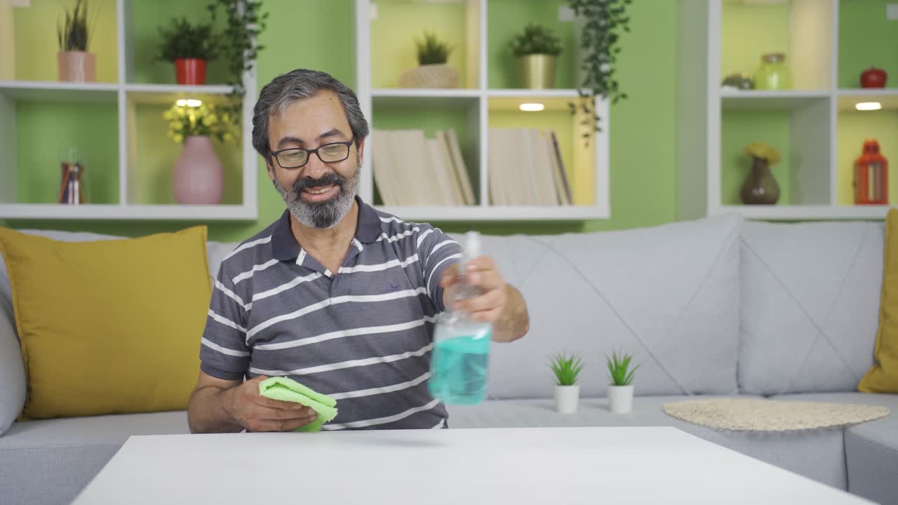 hombre feliz limpiando en casa.