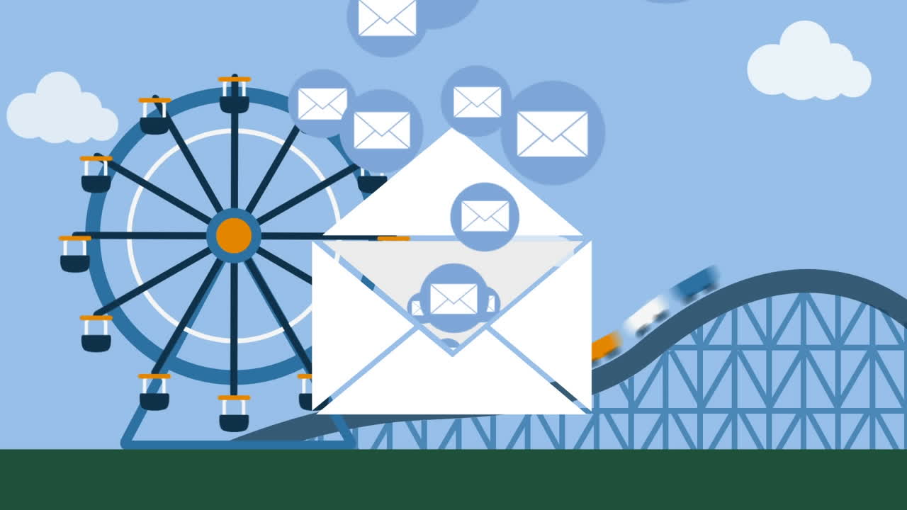 Animazione di icone di buste email che salgono da una busta, su un luna park.