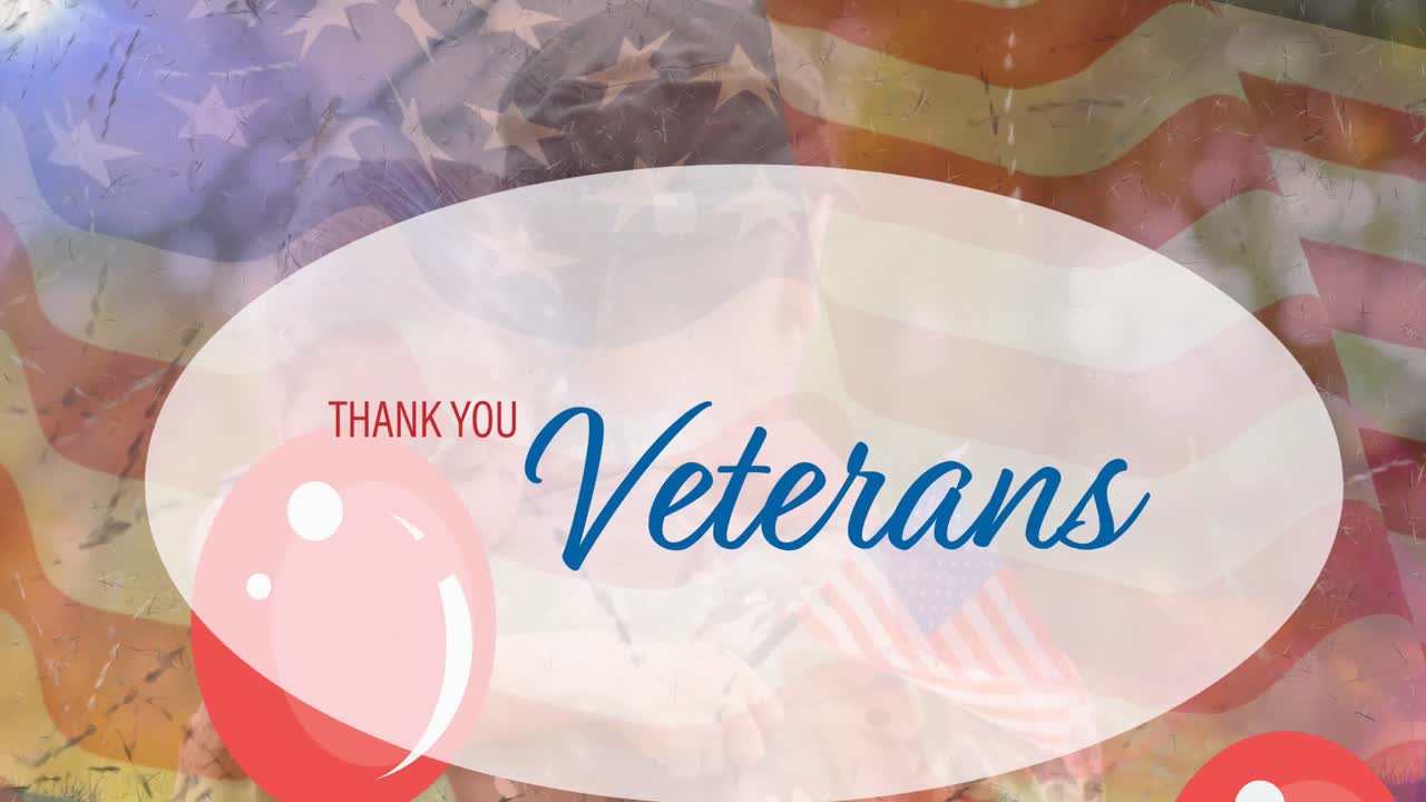 고 ⁇ 습니다, 참전용사들. 문자 배너와 풍선이 하늘을 떠다니고 있습니다. 백인 군인이 딸을 안아주고 있습니다.