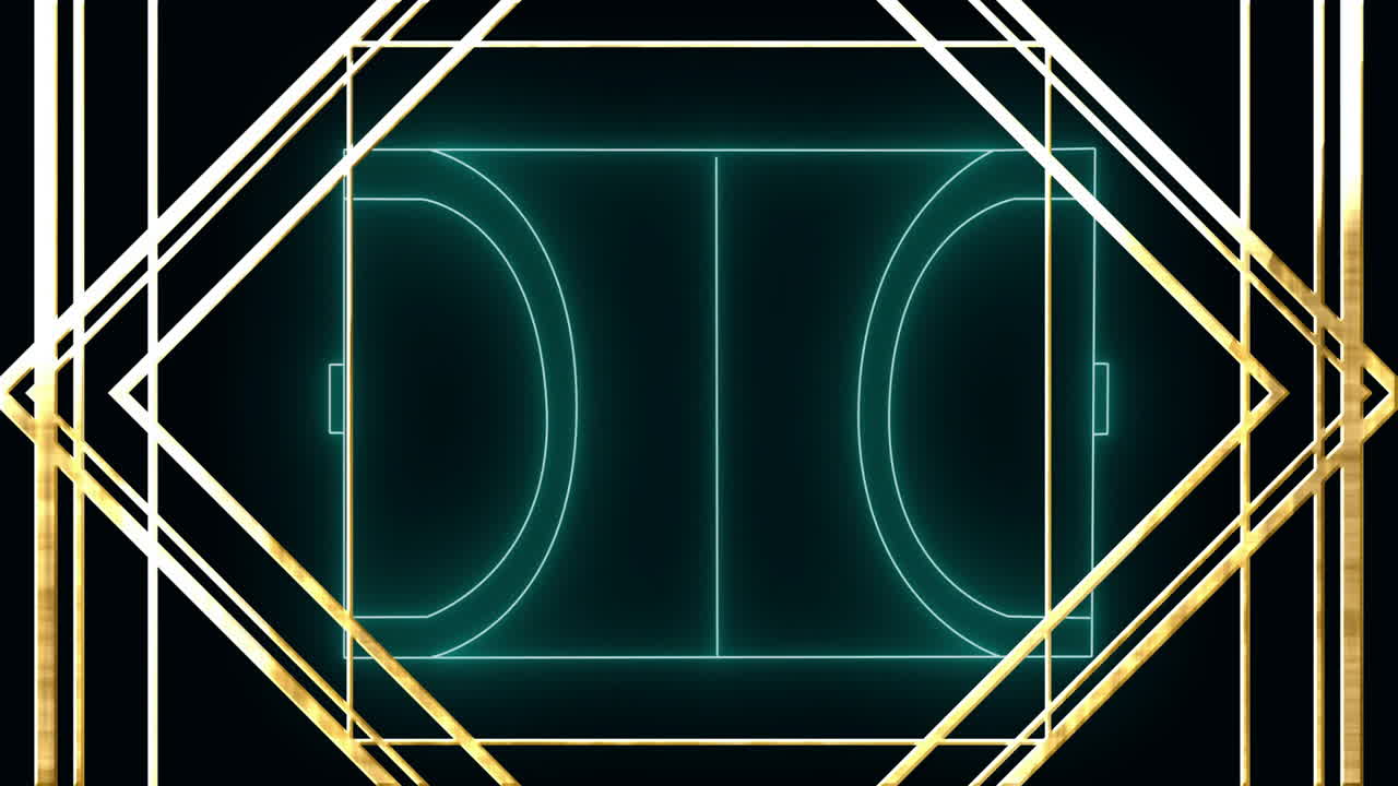 Geometric gold shapes overlaying neon basketball court lines in animation design