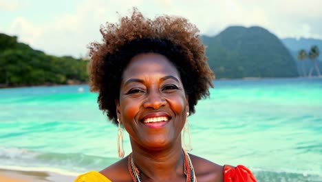 a beautiful woman smiles on a tropical beach