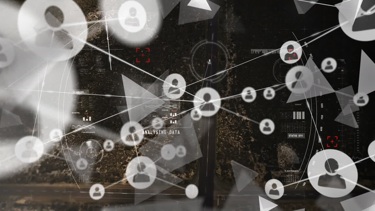 도시 풍경 위의 범위 스캔에 대한 프로필 아이콘 및 삼각형 모양의 네트워크의 애니메이션