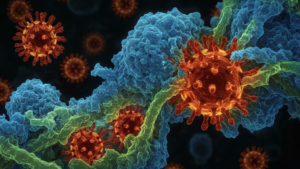 Microscopic Visualization of Viruses Interacting with Immune Cells, Showcasing Viral Structures and Cellular Responses in a Complex Biological Environment.