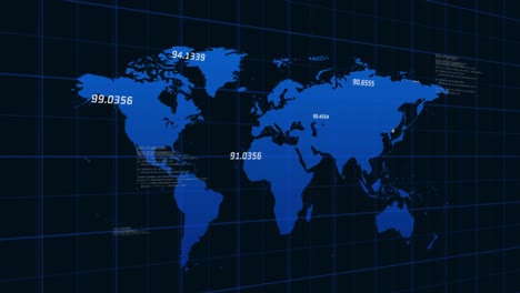 animación de la base de datos, números flotando sobre el mapa con patrón de cuadrícula contra fondo negro