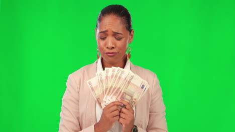 Money,-scared-and-woman-on-green-screen-for-debt