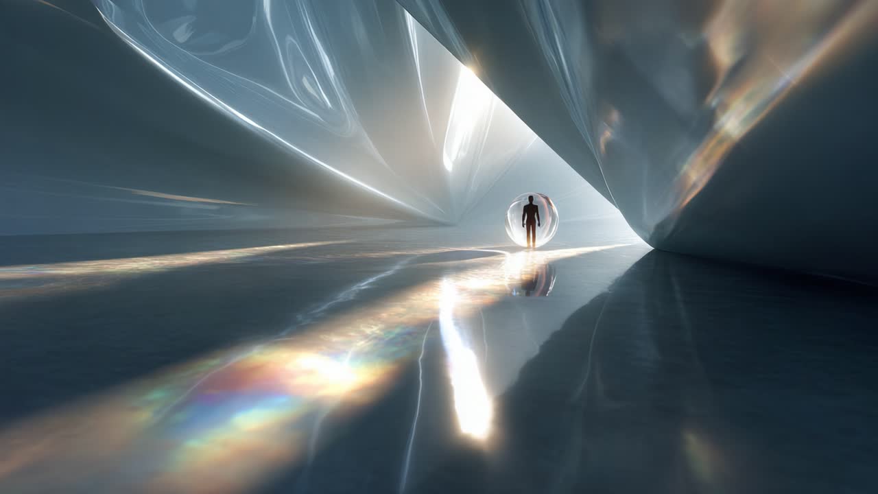 An ethereal journey unfolds through a shimmering, translucent corridor as a solitary figure emerges from a glowing sphere, bathed in radiant light and reflections in an otherworldly setting