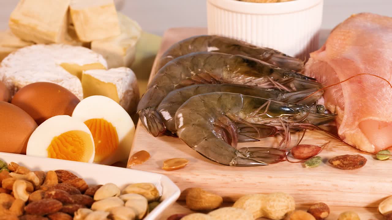 variedad de fuentes de proteínas en un fondo azul