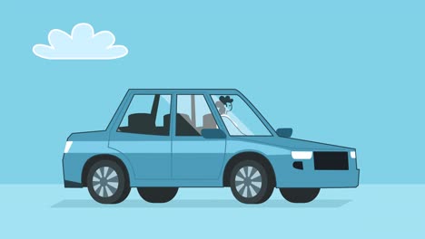 woman rides in blue car. flat design cartoon car and character isolated loop 2d animation