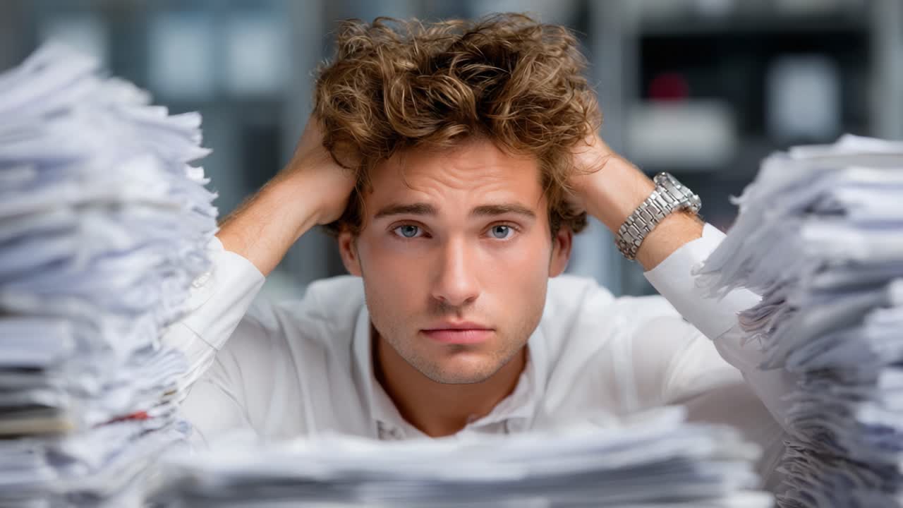 A Young Individual Surrounded by Tall Stacks of Papers Shows Signs of Stress and Overwhelm While in a Busy Office Environment, Portraying the Weight of Responsibilities
