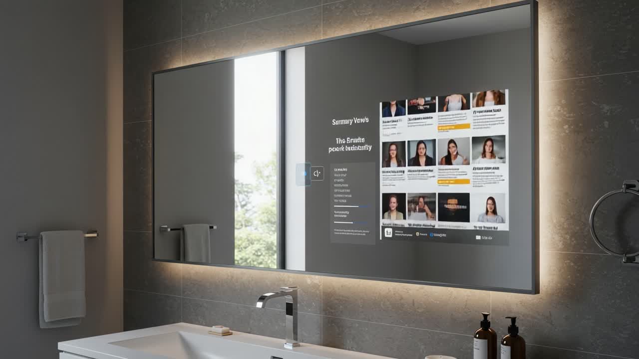 Modern Smart Mirror Displaying Interactive Overview of Personal Health Monitoring and Daily Summaries in a Contemporary Bathroom Setting