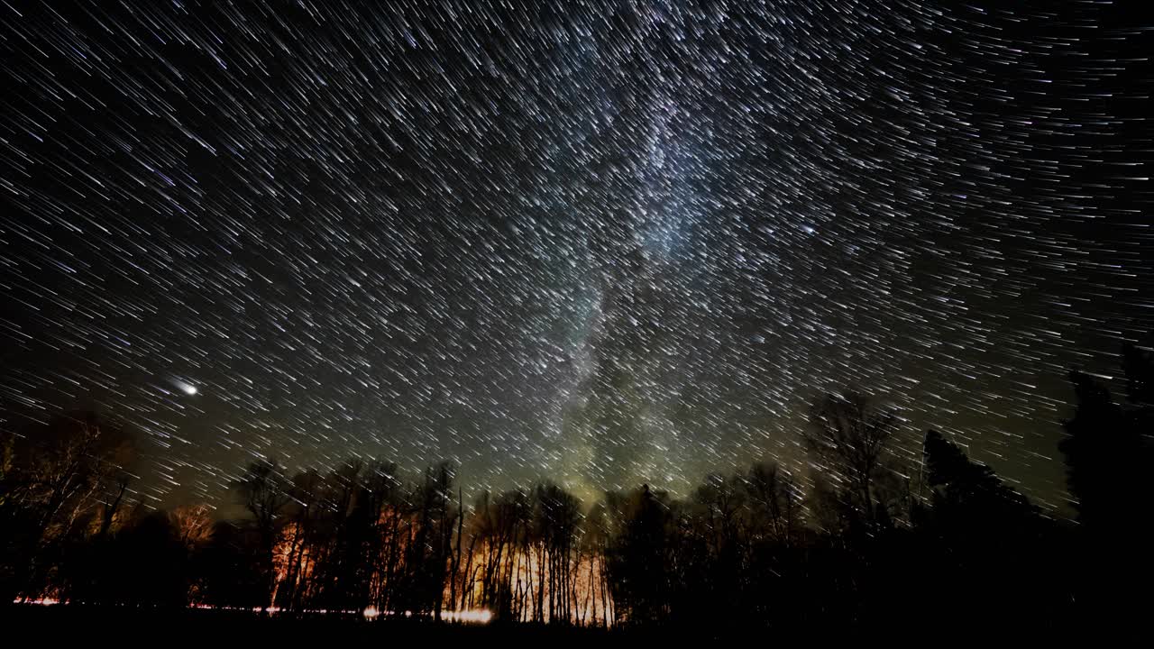 Star trails time lapse of the night sky with dark trees in the foreground. Includes the Milky Way and Venus.