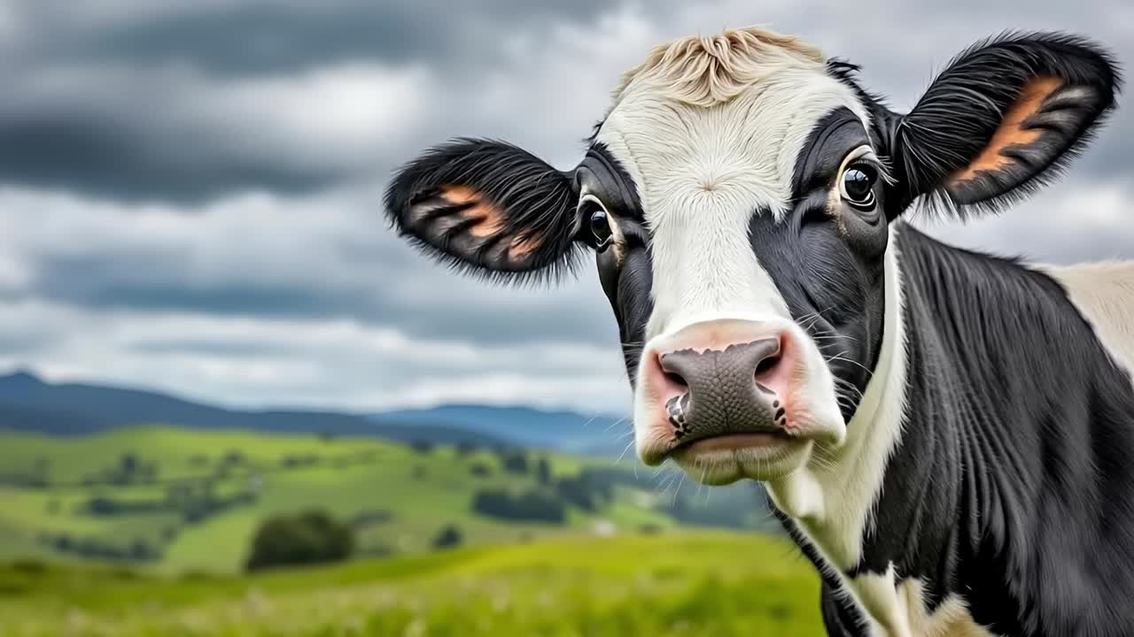 A black and white cow standing in a field of green grass