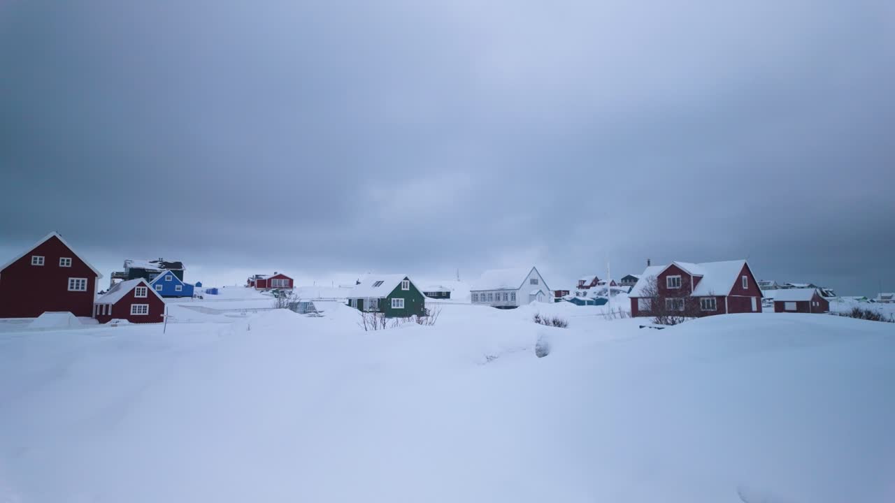 Snowy houses in Nuuk, Greenland, scenic winter mood, high frame rate