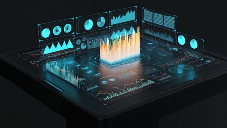 An Advanced Digital Analytics Dashboard Displaying Stunning Visualizations of Data Trends and Insights Through Interactive Graphs and Charts on a Futuristic Interface