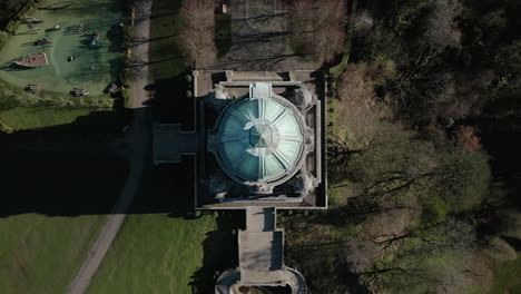 Ashton-Memorial-monument-in-Williamson-Park-Lancaster-UK-top-down-view-of-copper-dome-and-butterfly-house