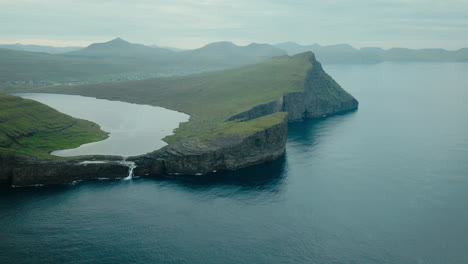 Sørvágsvatn Lake and Bøsdalafossur Waterfall in the Faroe Islands