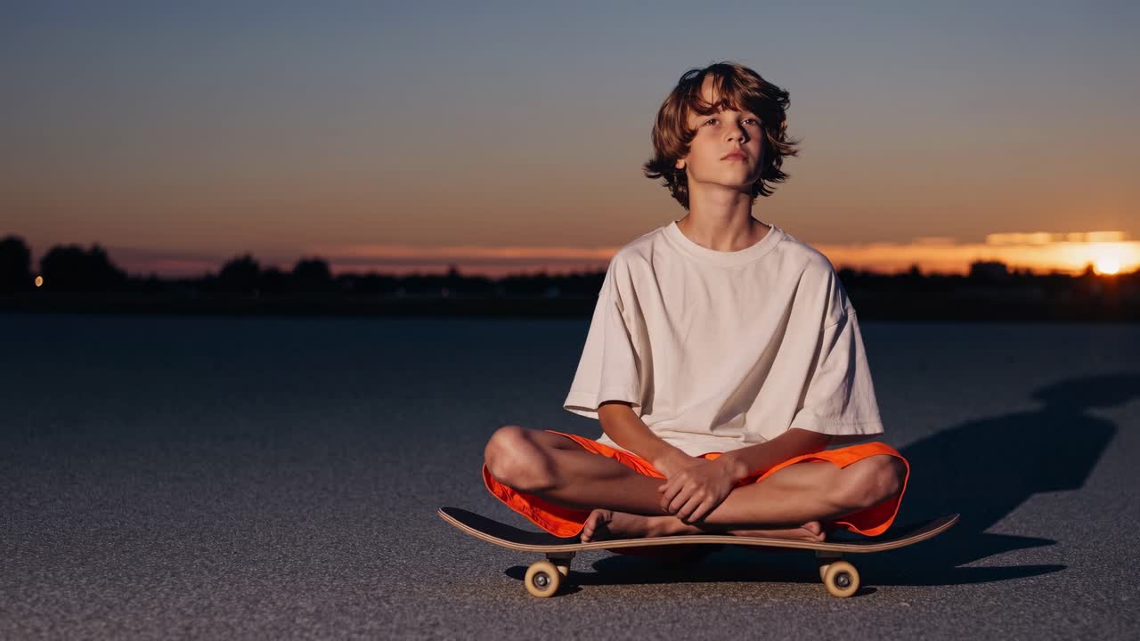 Pensive young skater sitting on his skateboard with crossed legs at sunset, contemplating the urban landscape in a moment of peace and tranquility