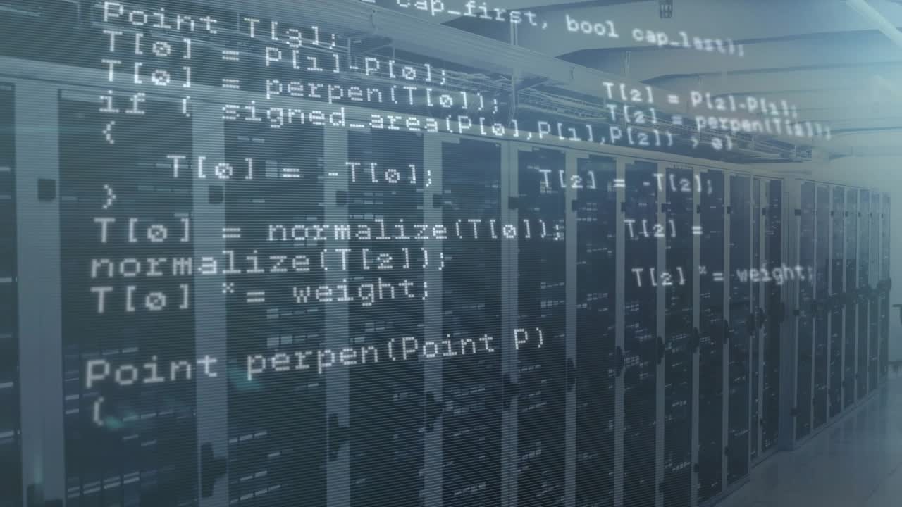Efter en pause er serverkabinetter statiske, C++-kode falmer og ruller, mens netværket udvikler sig til geometri.