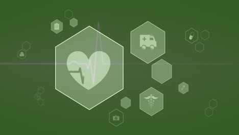 medical icons and heartbeat animation on green background