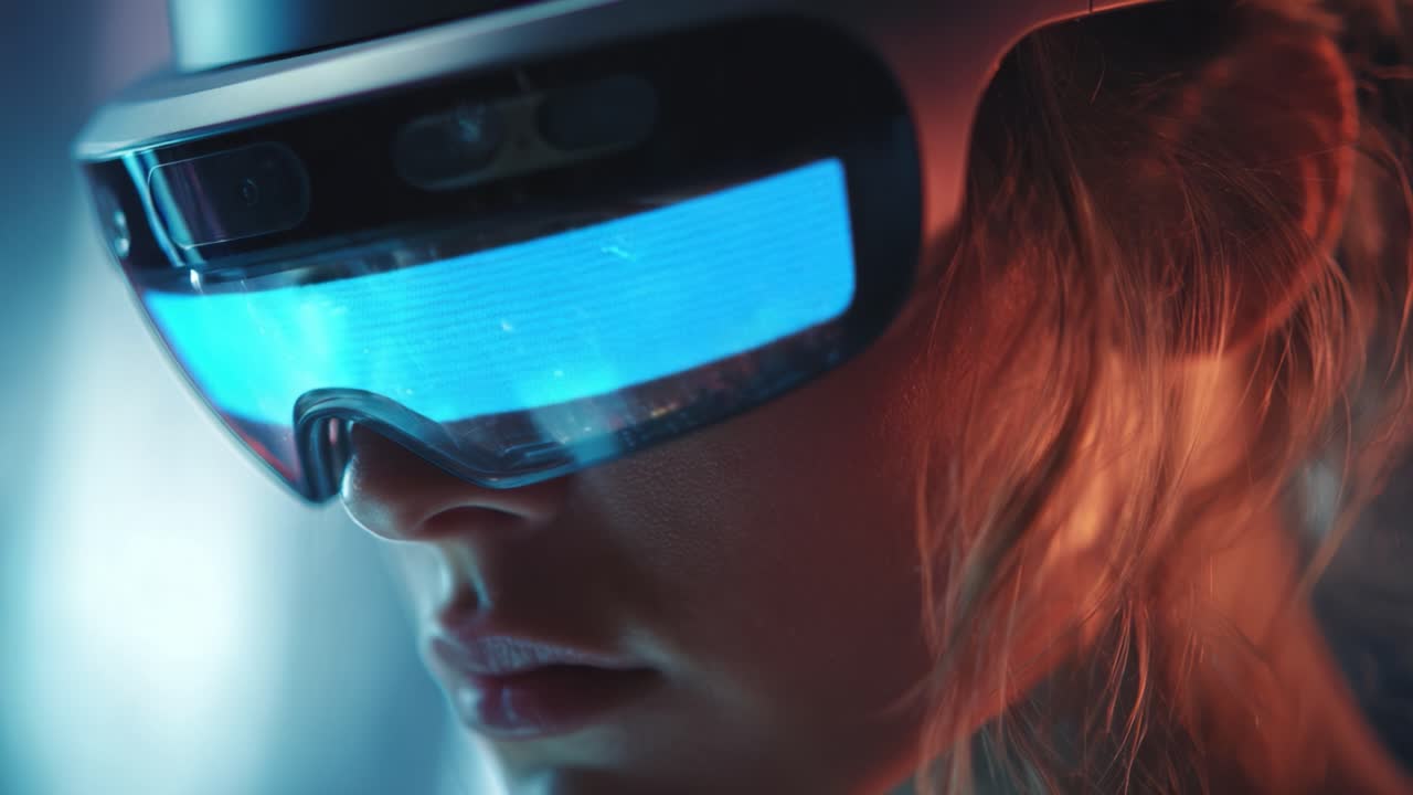 Futuristic Innovation: The Impact of Enhanced Reality Technology on Human Experience, Showcasing a Close-Up of a Person Wearing Advanced Virtual Reality Glasses that Redefine Interaction with Digital Worlds