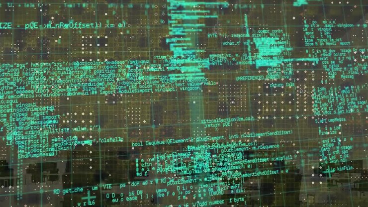 Animation of data processing and squares over office