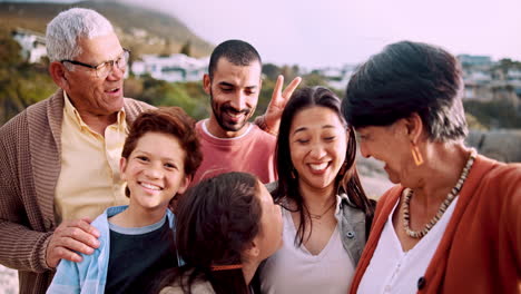 Strand,-Selfie-Und-Gesicht-Der-Familie-Mit-Lächeln