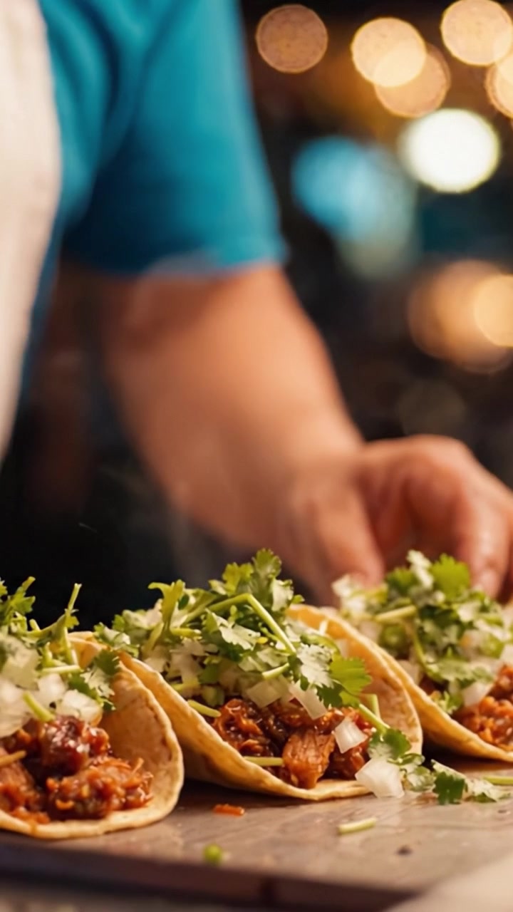 Lækre tacos fyldt med smagfuld kylling, løg og friske krydderurter, perfekt anrettet med en baggrund af varm bokeh-belysning for en indbydende atmosfære