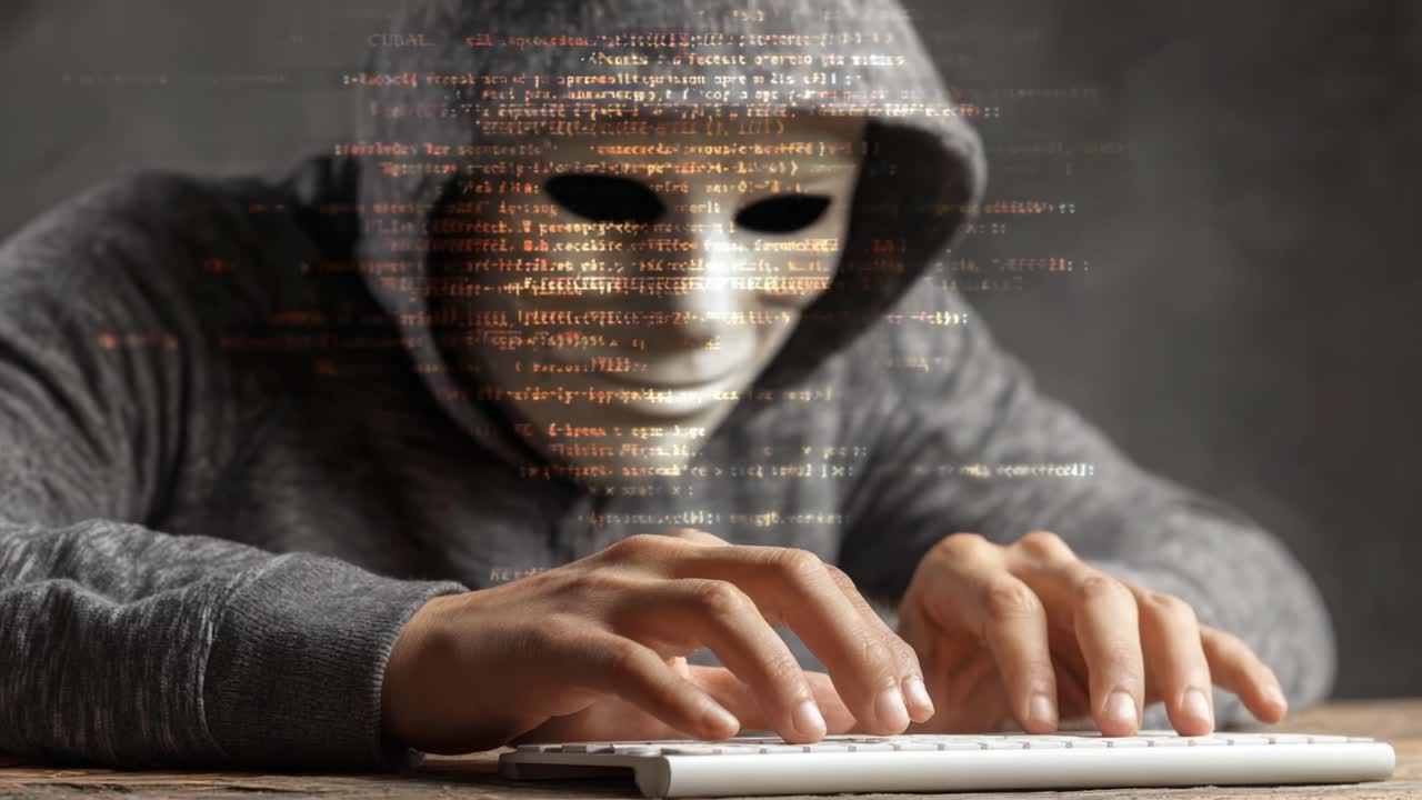 A Mysterious Figure Engaged in Digital Activity: Anonymity and Intrigue Behind a Masked Appearance Capturing the Essence of Cyber Exploration