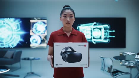 a focused young woman stands in a modern, sleek environment holding a virtual reality headset box, reflecting the cutting-edge technology of immersive experiences