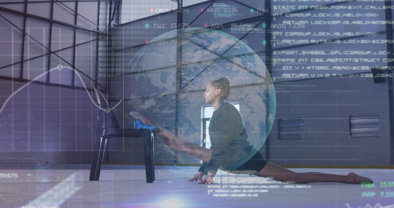 Woman holding split in studio reaching tablet and activating globe and data overlays for fitness