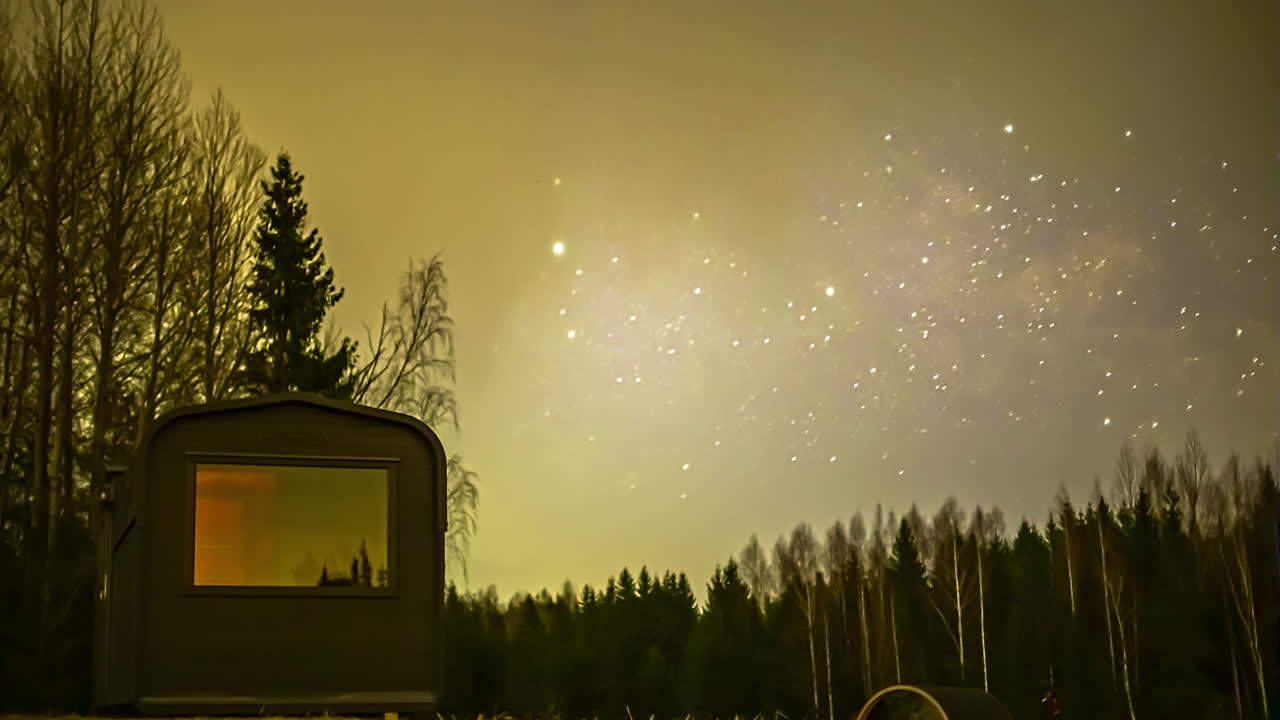 cabaña de madera en un bosque abierto con estrellas moviéndose por el cielo, rotación de la tierra, timelapse