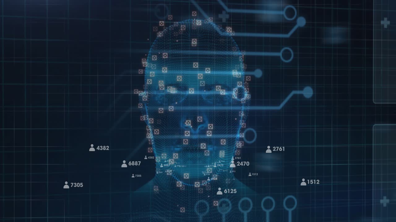 Digital head silhouette being animated in grid scene, with glowing circuit lines and data icons