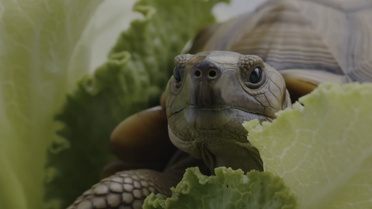 Close-up of a Turtle Eating Lettuce