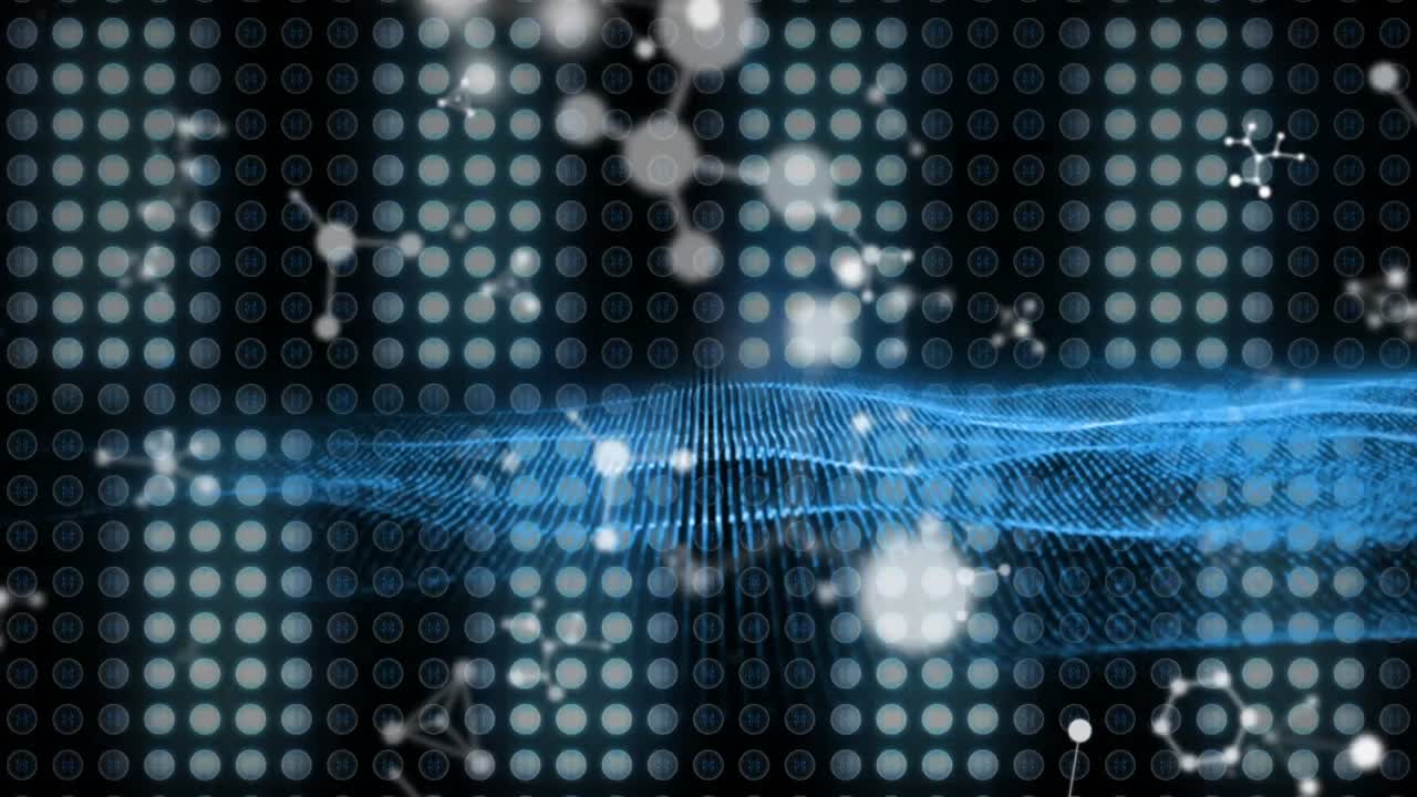 빛으로 검은 배경 위에 움직이는 분자의 애니메이션